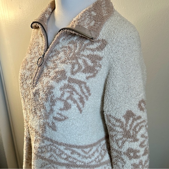 Knox Rose Cozy Fleece Ivory Taupe 1/4 Zip Damask Patterned Pullover Sweater - Picture 3 of 8